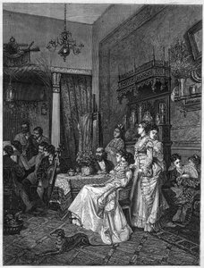 Amatørkoncert i en kunstners studie. Gravering efter maleriet af Adrien Moreau (1843-1906) i "The Illustrous Universe"" af Adrien (after) Moreau