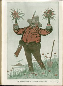 Illustration af A Barrere (1874-1931) i "" Fantasio""", 01/06/15 - Mr. Salandra or the Good Gardener - War of 14 -18, Italien, Vin, Neutralitet, Blomster, Vulkanudbrud, Formand for Rådet, Trieste - Salandra Antonio af Adrien Barrere