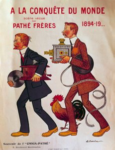Plakat om brødrene Pathe: "A la conquete du monde"" Charles Pathe og hans bror Emile iført fonografer og projektorer. Illustration af Adrien Barrere (1877-1931) Paris fra det 20. århundrede, arsenalets bibliotek