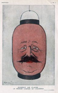 Robert Pelleve de La Motte-Ango (Motte Ango), Marquis de Flers, fransk dramatiker (1872-1927). (Akademiets første lygte). Tegnefilm af Barrere i "" Fantasio"" fra juni 1921. af Adrien Barrere