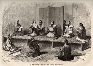 Et krigsråd i Edo (det nuværende Tokyo), som samler officererne fra taicounen (lederen af den timelige magt) for at stå over for et oprør fra daimios (eller daimyos: japansk adel) lige før meiji-restaureringen (1868), gravering efter A.Marie