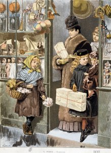 Stakkels pige sælger små buketter ved udgangen af en legetøjsbutik, hvor rige mennesker kommer ud (shopper til jul?) - tegning af Adrien Marie af Adrien Emmanuel Marie