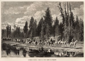 Hele den geografiske mission, på vej til Mount Hayden, langs Henri-floden, indgraveret efter A.Maries tegning, der illustrerer et sæt geografiske missioner gennem United States National Park, fra 1870 til 1872, af hr. Hayden, Doane og Langford, pu af Adrien Emmanuel Marie