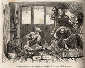 Interiøret af en East Indian Railway jernbanesengevogn, på ruten til Azimgange, i et stort rum, en aftagelig køje og et vaskerum, samt personalet i bilen, der overvåger passagerernes komfort, til rådighed for voksstøvler, forberede varm d af Adrien Emmanuel Marie