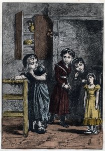 Thenardiers to døtre, Eponine og Azelma, ser på Cosette, der modtog dukken Catherine - Illustration af Adrien Marie (1848-1891) til "De elendige - Anden del: Cosette" af Victor Hugo (1802-1885) 1862