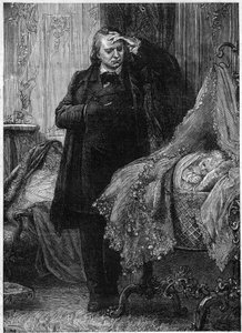 Victor Hugo observerer et barn, der sover i sin tremmeseng. Illustration af "History of a Crime" af Victor Hugo (1802-1885). Illustration af M. A. Marie