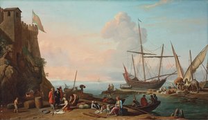 En middelhavshavn med stevedorer, der losser deres skibe, figurer, der sælger fisk i forgrunden ved en fæstning