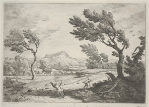 Landskab med rejsende i høj vind, ca. 1753 (radering)