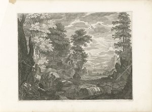 Vandfald med en by i baggrunden Fire landskaber i Bøhmen (serietitel) af Aegidius Sadeler (II) (attributed to)