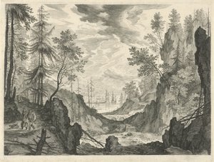 Skovlandskab med et vandfald Bjerglandskaber fra Tyrol (serietitel) af Egidius  Sadeler (II)