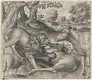 Fabel om løven, koen og fåret på jagt af Egidius  Sadeler (II)