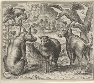 Fabel om ulven og hans retssag mod fårene af Egidius  Sadeler (II)