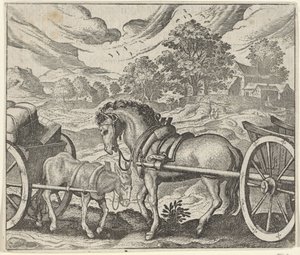 Fabel om den utilfredse hest og æsel af Egidius  Sadeler (II)