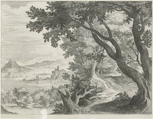 Landskab med to figurer under et træ af Egidius  Sadeler (II)