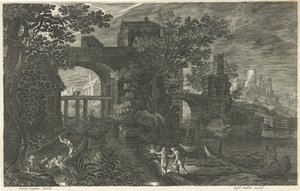 Natscene med fiskere på en flod Otte landskaber i Bøhmen (serietitel) af Egidius  Sadeler (II)