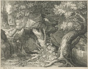 Rejsende over et vandfald Seks landskaber (serietitel) af Egidius  Sadeler (II)