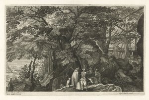 Flod med klipper og en vandmølle Otte landskaber i Bøhmen (serietitel) af Egidius  Sadeler (II)