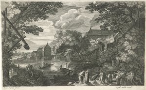 Flodlandskab med fiskere og håndværkere Otte landskaber i Bøhmen (serietitel) af Egidius  Sadeler (II)