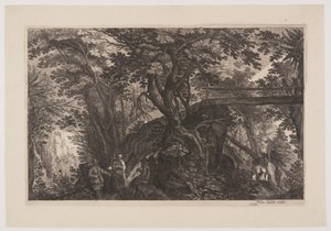 En skov med en træbro til højre, fra Otte scener fra Bøhmen af Aegidius Sadeler II