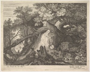 En mand, der holder en stav og sidder på en træstamme, med to geder til hver side, surro..., ca. 1600.