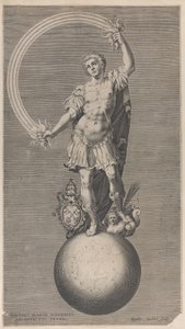 Allegorisk figur af en kriger stående på en jordklode med det pavelige våbenskjold a..., ca. 1588-1629.
