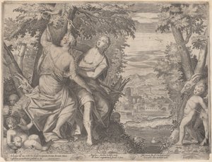Angelica og Medoro, de står ved siden af et vandløb, mens Medoro skærer deres navne ind i en tr..., 1590-98.