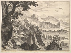 Bjerglandskab med resten på flugt til Egypten.n.d. af Aegidius Sadeler II