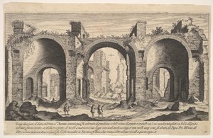 Tavle 19: udsigt over Caracalla-badene, der med indskrevet bogstav A angiver stederne ..., 1606. af Aegidius Sadeler II