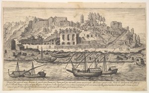 Plade 21: udsigt fra vest af ruinerne af Aventine Hill, Rom, med både på floden ..., 1606.