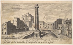 Plade 31: billede af Trajans søjle, vist med dens piedestal gravet ud fra jorden, su..., 1606. af Aegidius Sadeler II