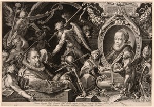 Portræt af Bartolomaeus Spranger med en allegori over hans hustrus død, Christina Müller af Aegidius Sadeler II