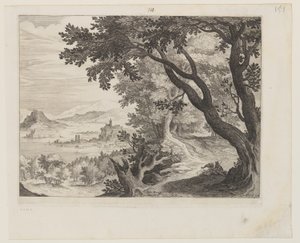 Flodlandskab med to mennesker, der sidder under et træ af Aegidius Sadeler II