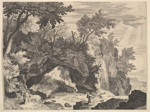 Klippelandskab med Stigmatisering af Saint Francis.n.d. af Aegidius Sadeler II
