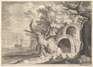 Ødelagt akvædukt med vand, der løber fra den til et vandløb nedenfor, skibe til søs hinsides, en ..., ca. 1600.
