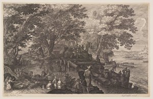 Scene 1: Vandmølle på en ø i en flod med mænd, der fisker, fra Otte scener fra Bøhmen af Aegidius Sadeler II