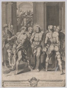 The flagellation of Christ, med floggers på hver side og skikkelser, der ser på fra en balco..., 1593.