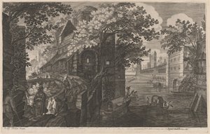 Gondoler på en flod ved et palads