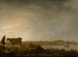 Udsigt over Vianen med en Hyrde og Kvæg ved en Flod, ca. 164345. af Aelbert Cuyp