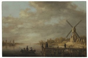 Et flodlandskab med en vindmølle og herrer i en robåd og på en anløbsbro i forgrunden (olie på panel) af Aelbert Cuyp