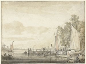 Både ved en anløbsbro i en flod af Aelbert Cuyp