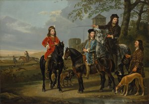 Ridesportræt af Cornelis og Michiel Pompe van Meerdervoort med deres underviser og kusk, Starting for the Hunt, ca. 1652-53 af Aelbert Cuyp