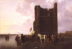 Byfolk med slæder på den frosne Maas ved Huis te Merwede af Aelbert Cuyp