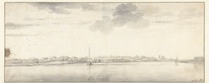 Ekspansiv udsigt over floden med skibe på roligt vand af Aelbert Cuyp