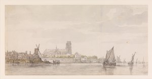 Udsigt over Groote Kerk i Dordrecht fra floden Maas af Aelbert Cuyp