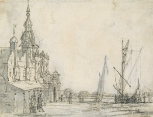 Udsigt over Groothoofdspoort fra nordøst, Dordrecht, 1618 (kridt på papir) af Aelbert Cuyp