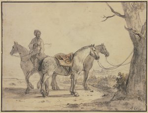 To sadlede heste bundet til et træ, med en rytter ved siden af af Aelbert Cuyp