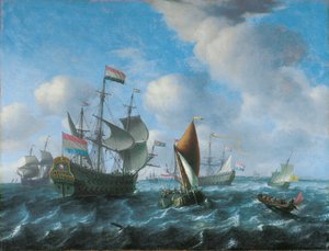 En krigsmand, muligvis Het Wapen van Utrecht, et bredt skib og en hækslup i en stiv brise, 1671 af Aernout Smit