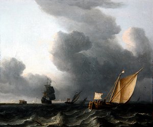 To hollandske Smalschips og en krigsmand (olie på lærred) af Aernout Smit