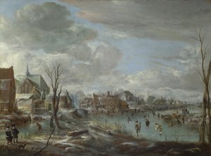 En frossen flod nær en landsby med golfspillere og skatere, ca. 1647-1648 af Aert van der Neer