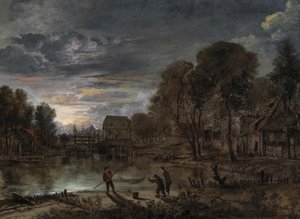 Et natligt landskab med fiskere. af Aert van der Neer
